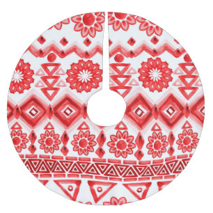 Red tribal, watercolor ethnic pattern. brushed polyester tree skirt