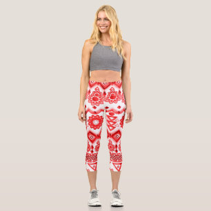 Red tribal, watercolor ethnic pattern. capri leggings