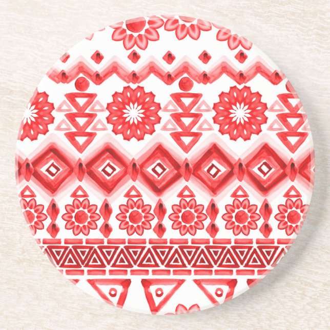 Red tribal, watercolor ethnic pattern. coaster (Front)
