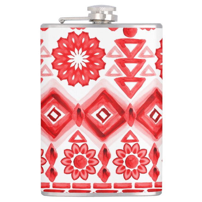 Red tribal, watercolor ethnic pattern. hip flask (Front)