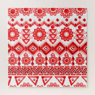 Red tribal, watercolor ethnic pattern. jigsaw puzzle
