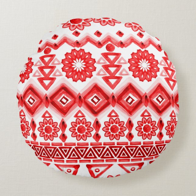 Red tribal, watercolor ethnic pattern. round cushion (Front)