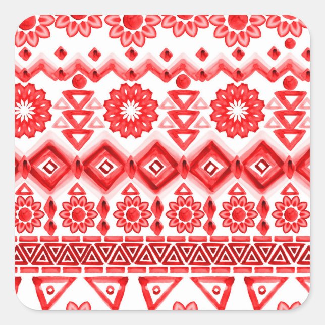 Red tribal, watercolor ethnic pattern. square sticker (Front)