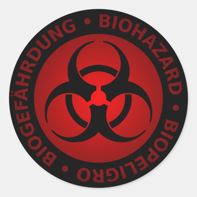 Red Trilingual Biohazard Warning Classic Round Sticker (Front)