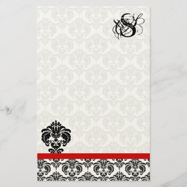 Red Trim Black Damask Monogram Stationery (Front)