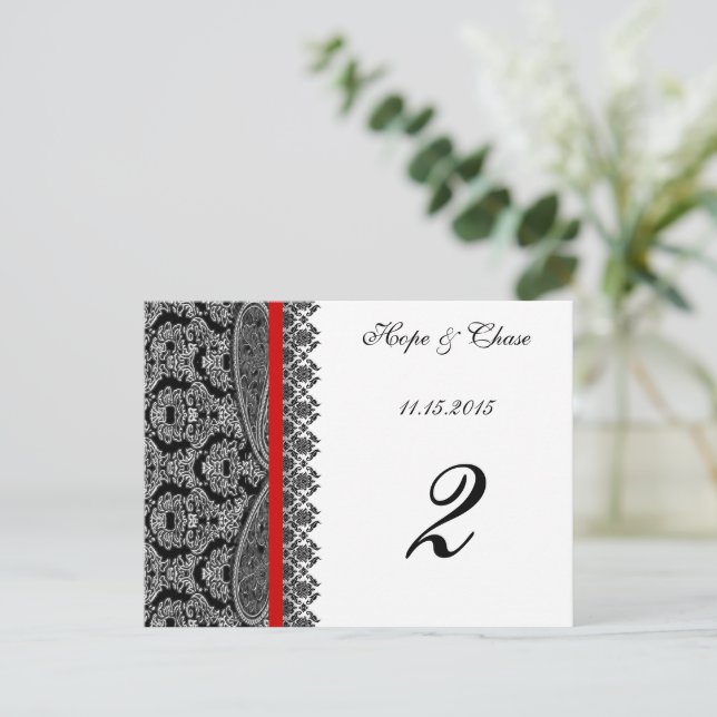 Red Trim Black  Damask Table Number Cards (Standing Front)