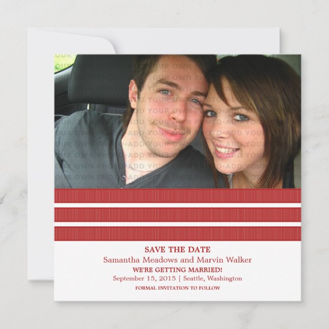 Red Triple Stripe Photo Save the Date Invite (Front)