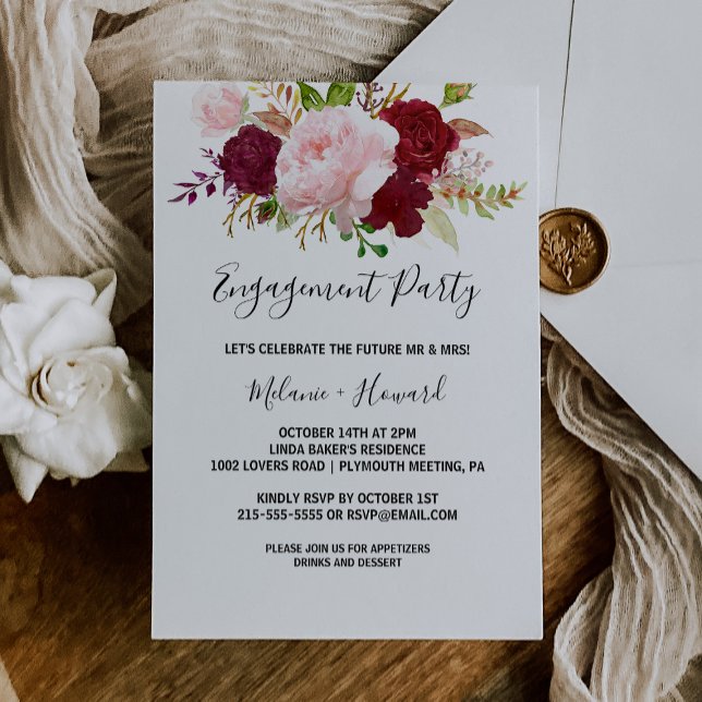 Red Tropical and Romantic Engagement Party Invitation (Creator Uploaded)