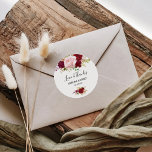 Red Tropical and Romantic Love & Thanks Wedding Classic Round Sticker<br><div class="desc">This red tropical and romantic love & thanks wedding classic round sticker is perfect for a destination wedding. The artistic bordo marsala design features  watercolor,  green,  pink,  burgundy and blush roses assorted with greenery neatly arranged in a graceful and radiant flower bouquet.</div>