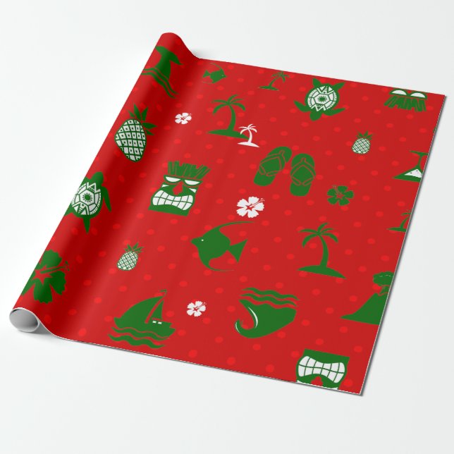 red tropical christmas tiki retro  wrapping paper (Unrolled)