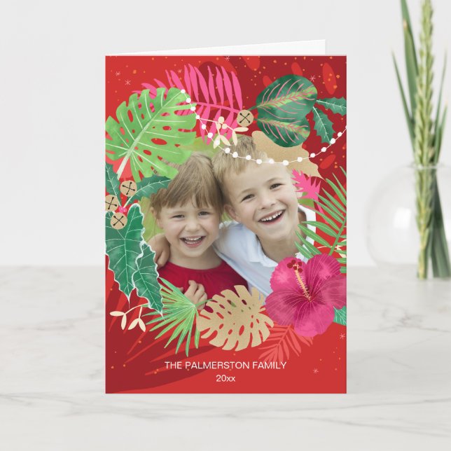Red Tropical Christmas Wreath Custom Photo Folded Holiday Card (Front)