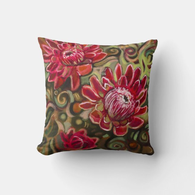 Red Tropical Floral Pattern Decorative Pillow (Front)