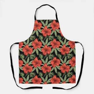 Red tropical flowers seamless pattern green leaves apron