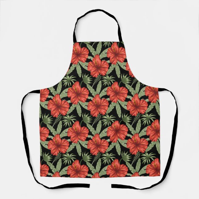 Red tropical flowers seamless pattern green leaves apron (Front)
