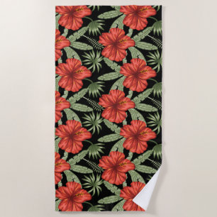 Red tropical flowers seamless pattern green leaves beach towel