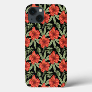 Red tropical flowers seamless pattern green leaves iPhone 13 case