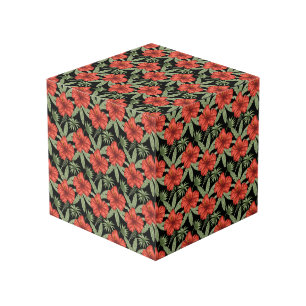 Red tropical flowers seamless pattern green leaves cube