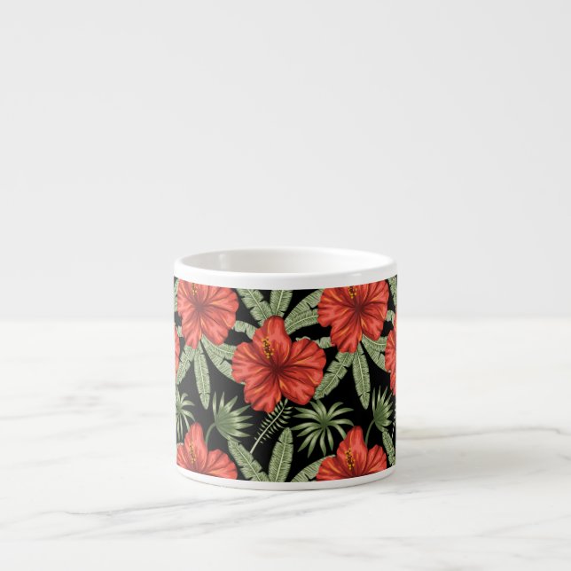 Red tropical flowers seamless pattern green leaves espresso cup (Front)