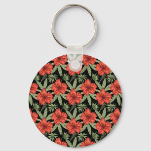 Red tropical flowers seamless pattern green leaves key ring