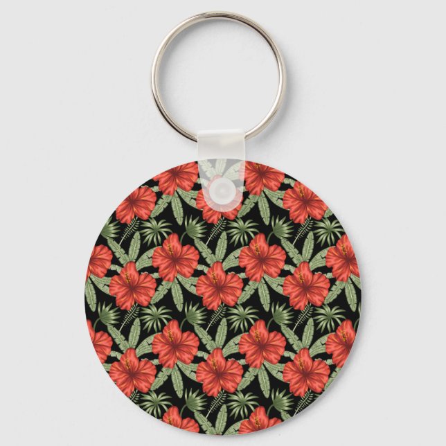 Red tropical flowers seamless pattern green leaves key ring (Front)