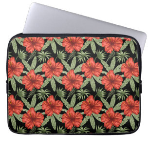 Red tropical flowers seamless pattern green leaves laptop sleeve