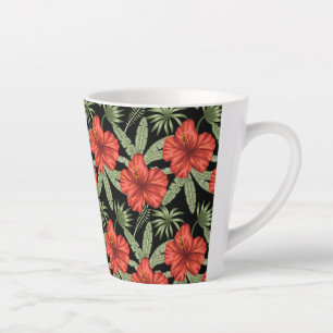Red tropical flowers seamless pattern green leaves latte mug