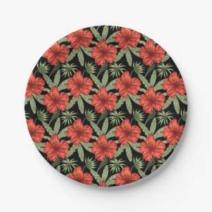 Red tropical flowers seamless pattern green leaves paper plate