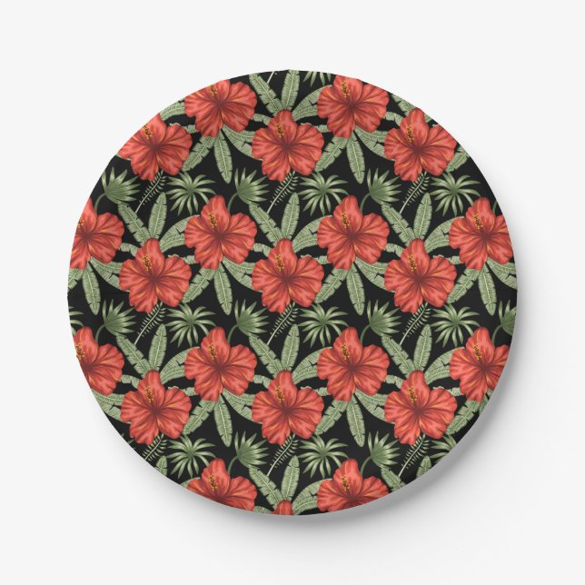Red tropical flowers seamless pattern green leaves paper plate (Front)
