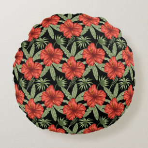 Red tropical flowers seamless pattern green leaves round cushion