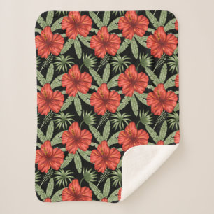 Red tropical flowers seamless pattern green leaves sherpa blanket