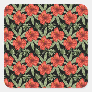 Red tropical flowers seamless pattern green leaves square sticker