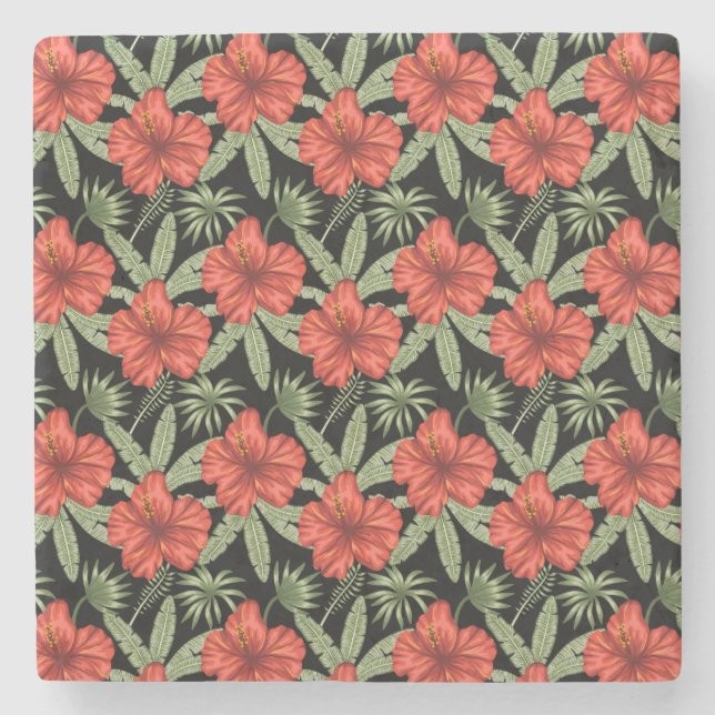 Red tropical flowers seamless pattern green leaves stone coaster (Front)