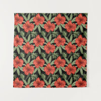 Red tropical flowers seamless pattern green leaves