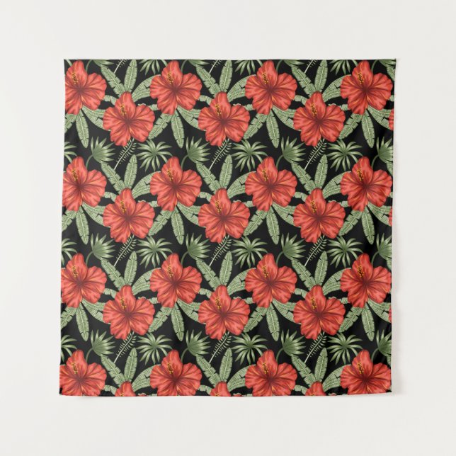 Red tropical flowers seamless pattern green leaves tapestry (Front)