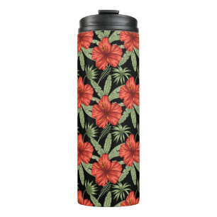 Red tropical flowers seamless pattern green leaves thermal tumbler