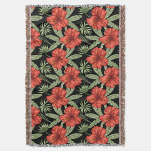 Red tropical flowers seamless pattern green leaves throw blanket