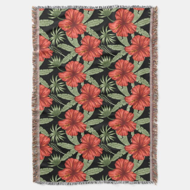 Red tropical flowers seamless pattern green leaves throw blanket (Front Vertical)