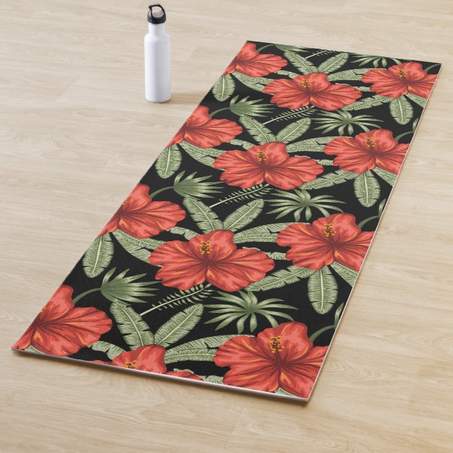 Red tropical flowers seamless pattern green leaves yoga mat (In Situ)