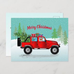 Red Truck 4x4 with Sable Sheltie, Santa Hat Holiday Postcard