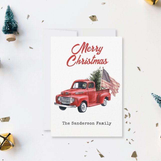 Red Truck American Flag Christmas  Holiday Card (Creator Uploaded)