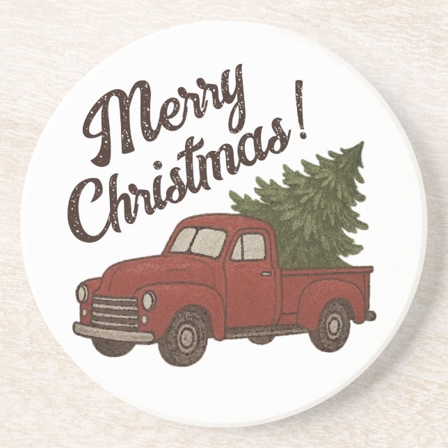 Red truck and Christmas tree cozy Holiday drink Coaster (Front)