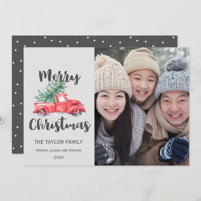 Red Truck and Tree Christmas Photo Holiday Card (Front/Back)