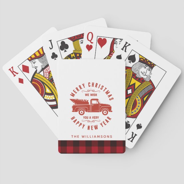 Red Truck and Tree Family Name Christmas  Playing Cards (Back)