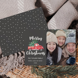 Red Truck and Tree   Grey Christmas Photo Holiday Card