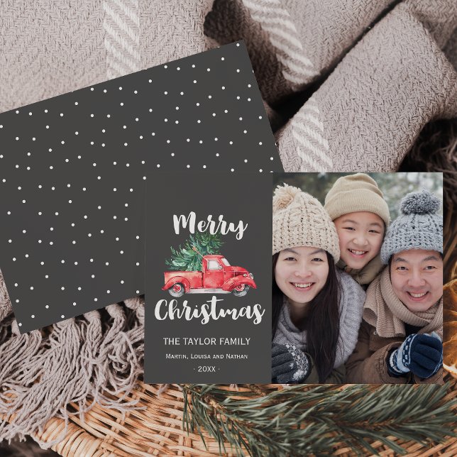 Red Truck and Tree | Grey Christmas Photo Holiday Card (Creator Uploaded)