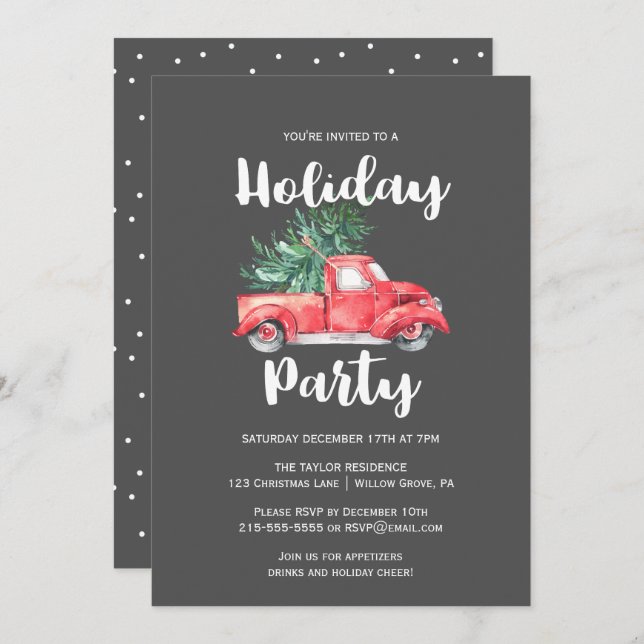 Red Truck and Tree | Grey Holiday Party Invitation (Front/Back)