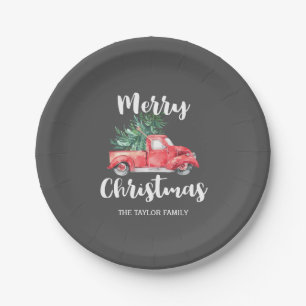 Red Truck and Tree Grey Merry Christmas Party Paper Plate