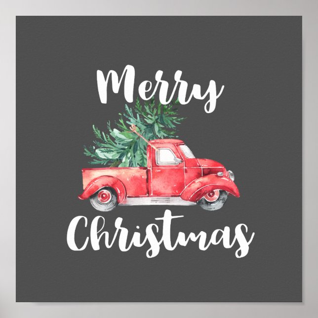 Red Truck and Tree | Grey Merry Christmas Poster (Front)