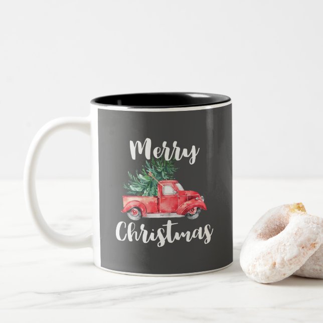 Red Truck and Tree | Grey Merry Christmas Two-Tone Coffee Mug (With Donut)