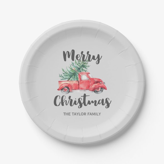 Red Truck and Tree Merry Christmas Party Paper Plate (Front)